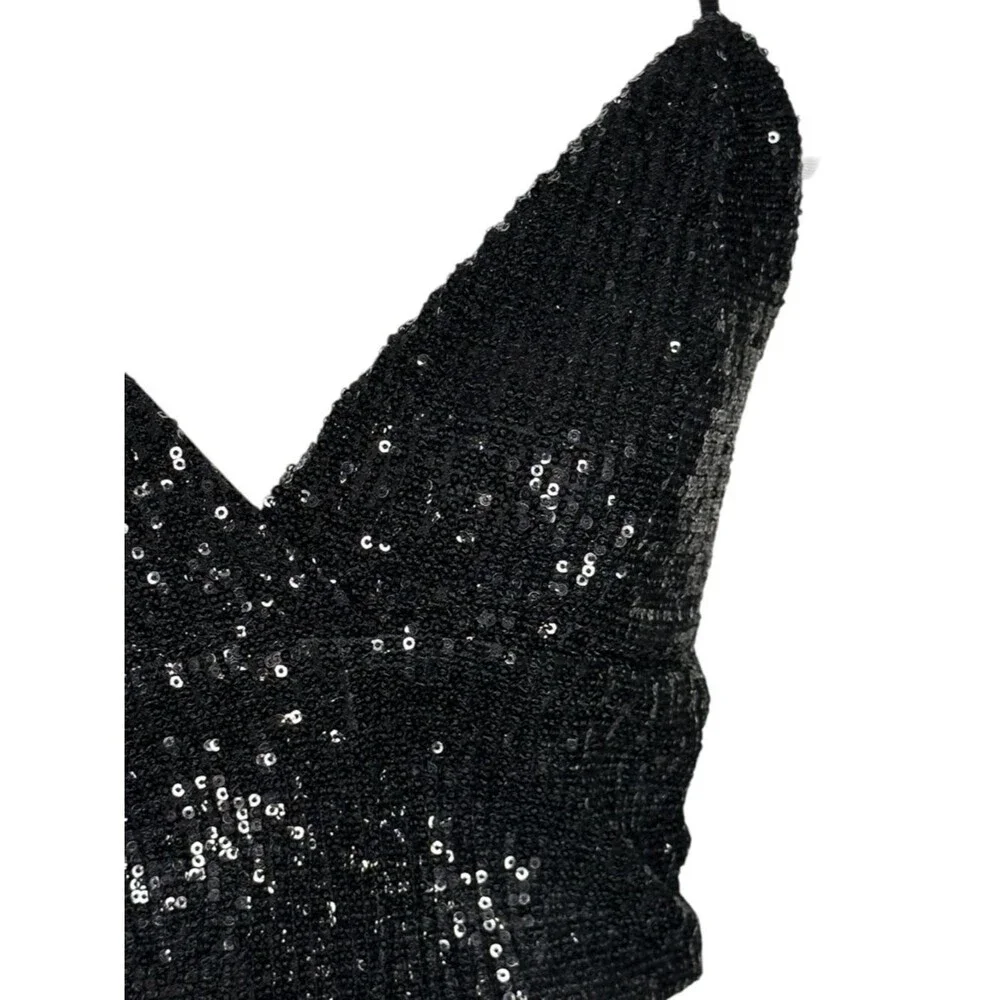 Vintage Y2K Glamazon Black Sequin V-Neck Crop Cami Top. Size S. Nightclub glam